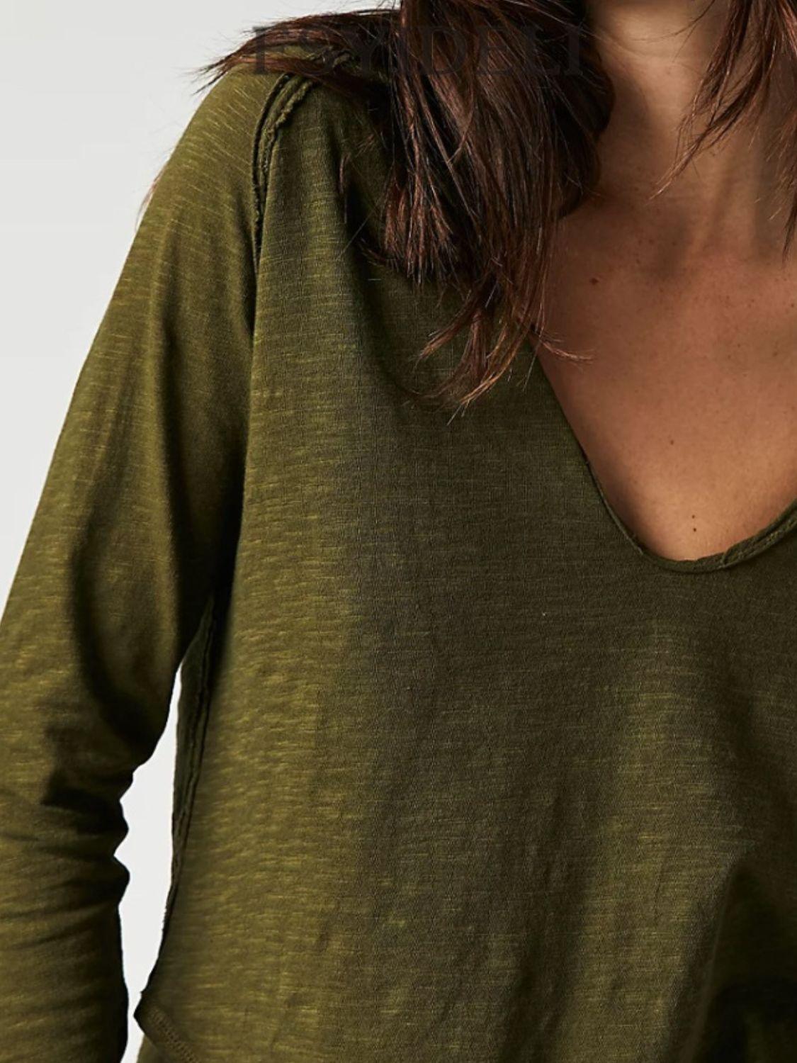 Exposed Seam Notched Long Sleeve T-Shirt - ClubOn