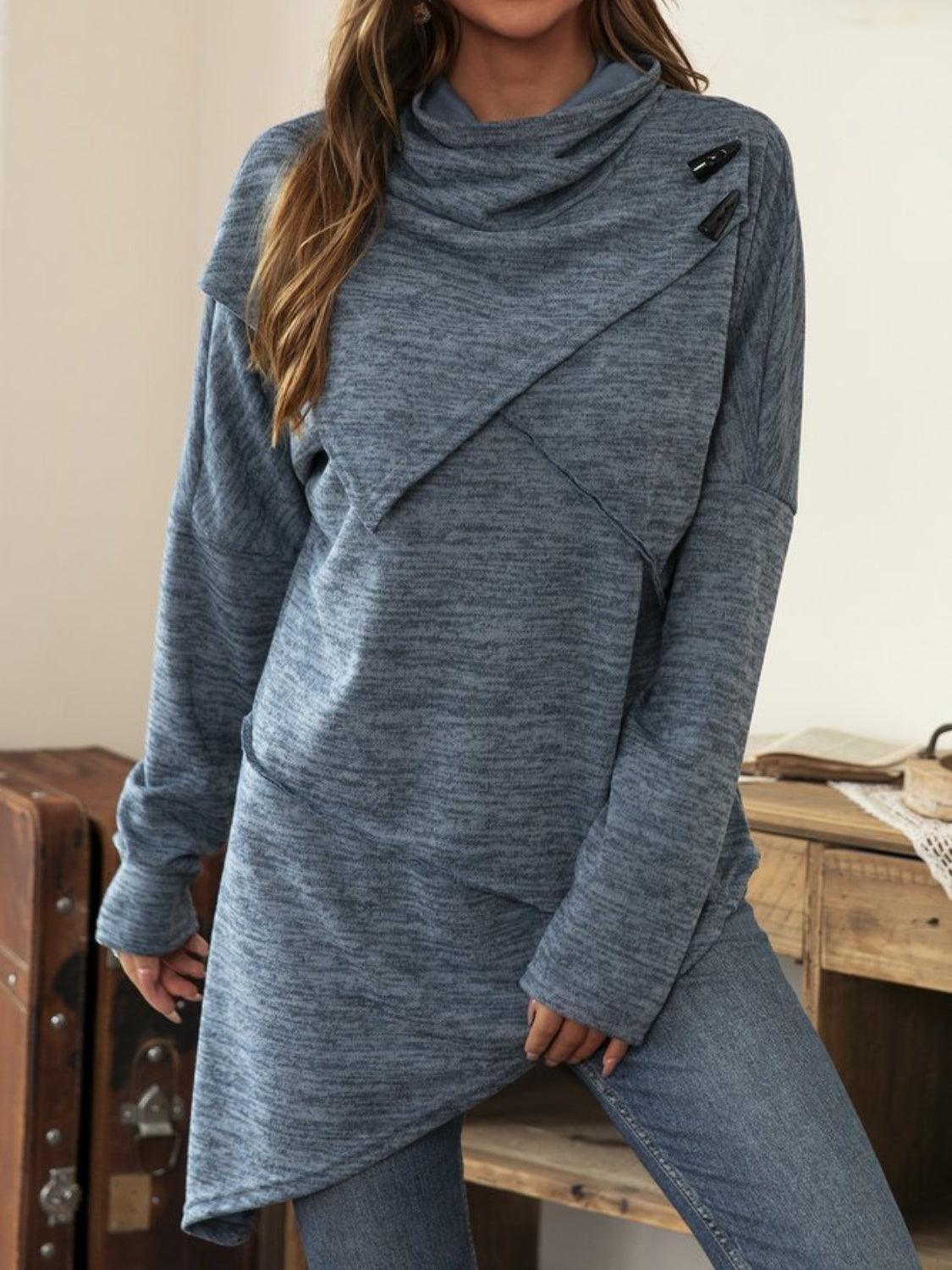 Asymmetrical Hem Cowl Neck Long Sleeve T-Shirt - ClubOn