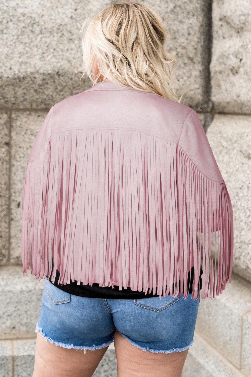 Plus Size Fringe Open Front Jacket - ClubOn