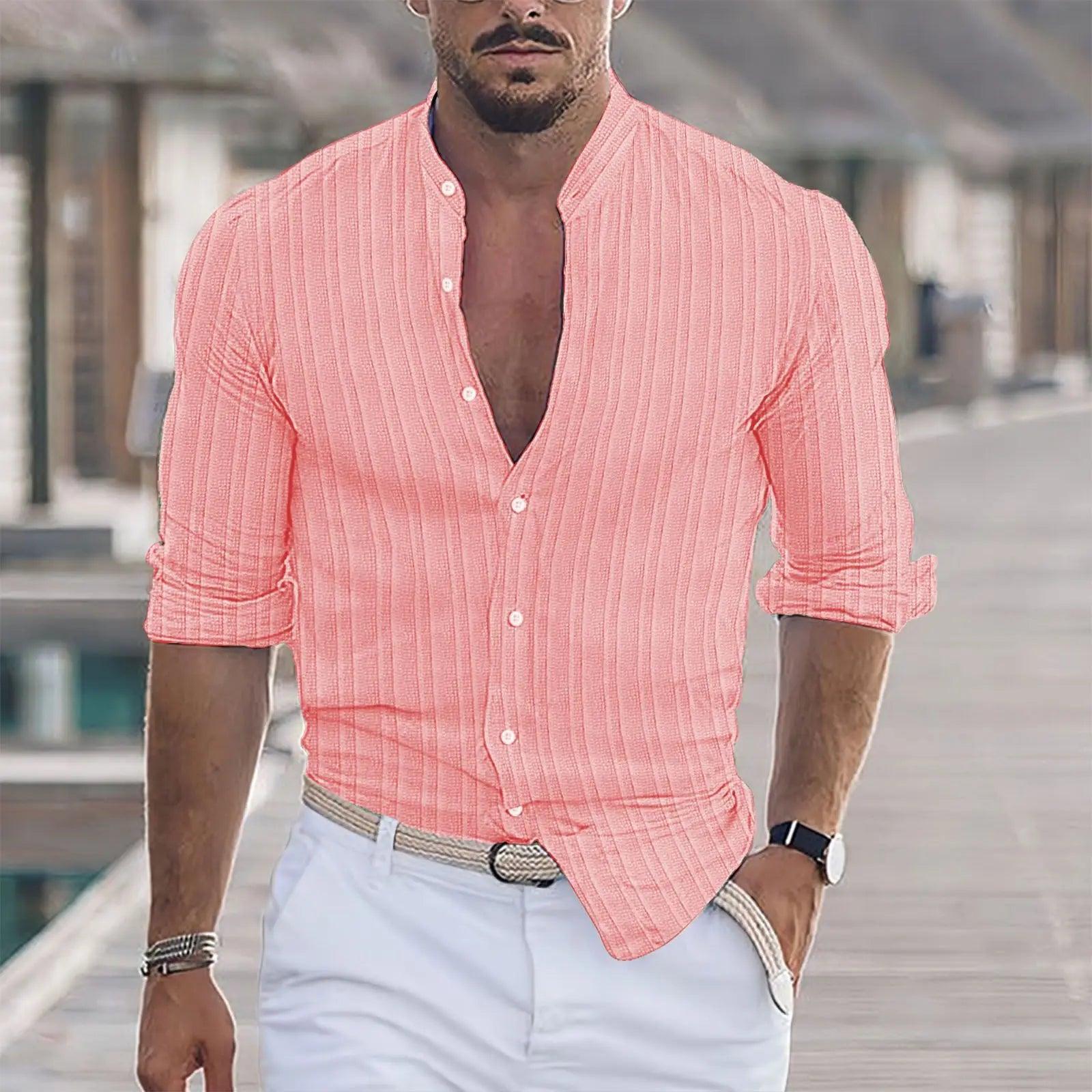 Men's Striped Long Sleeve Shirt - Casual Beach Style Top - ClubOn