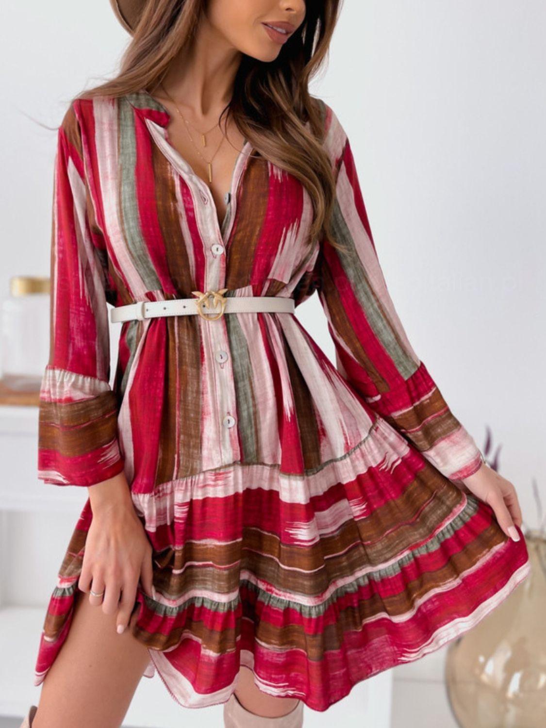 Buttoned Striped Long Sleeve Mini Dress - ClubOn