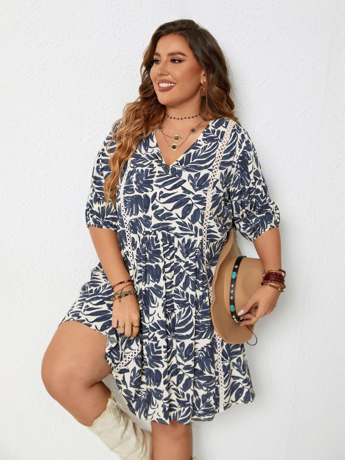 Plus Size Printed V-Neck Half Sleeve Mini Dress - ClubOn