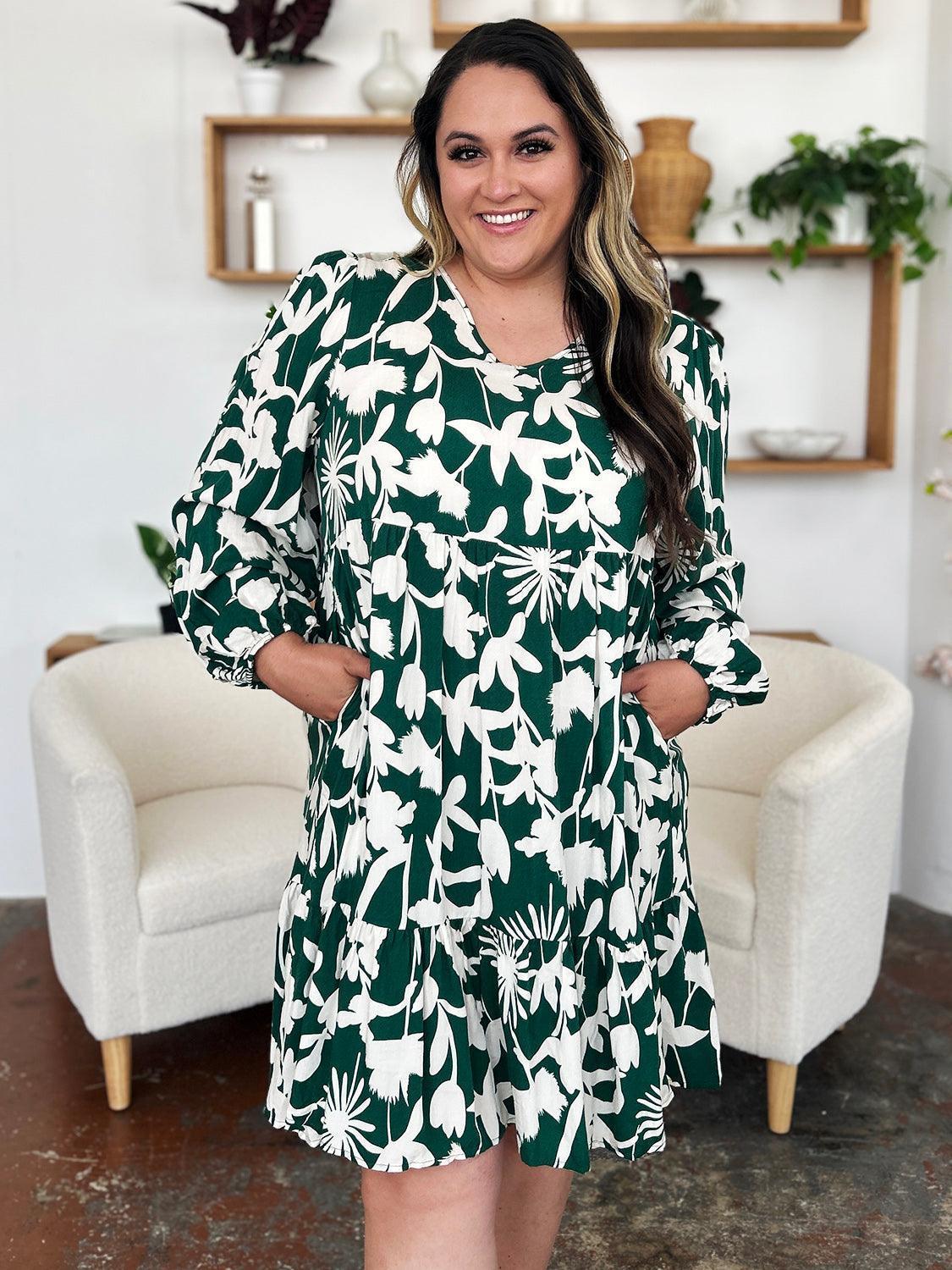 Double Take Full Size Printed Ruffle Hem Dress with Pocket - ClubOn