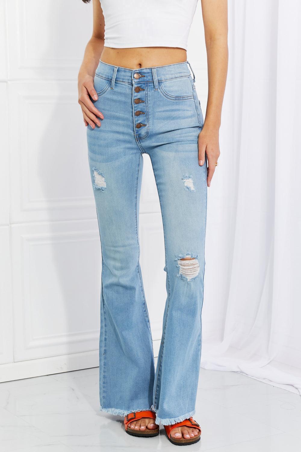 Vibrant MIU Full Size Jess Button Flare Jeans - ClubOn