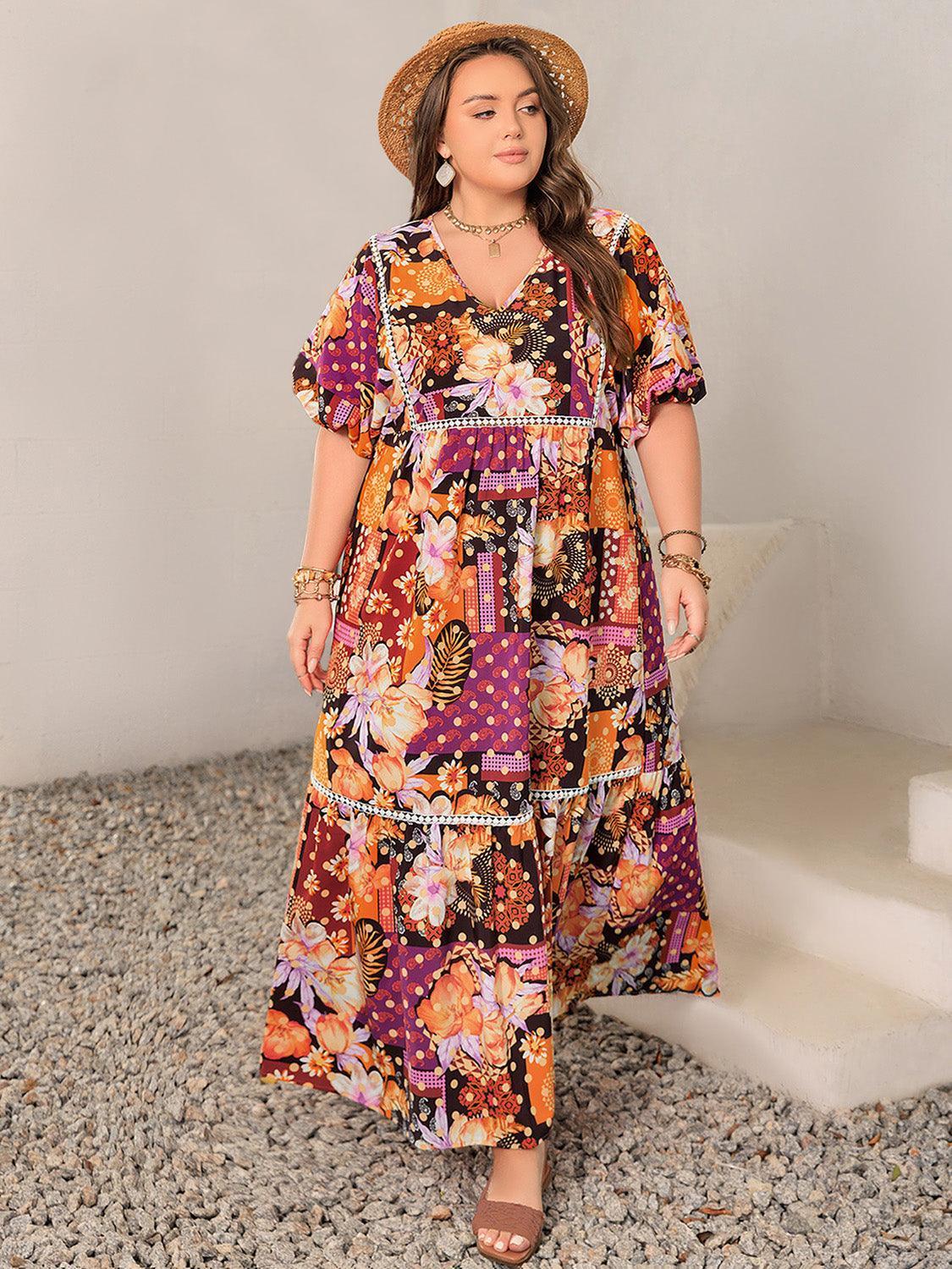 Plus Size Printed V-Neck Half Sleeve Maxi Dress - ClubOn