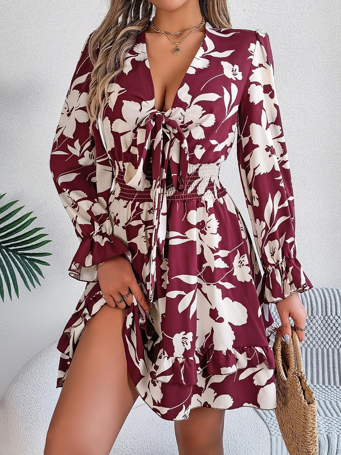 Tied Ruffled Printed Long Sleeve Dress - ClubOn