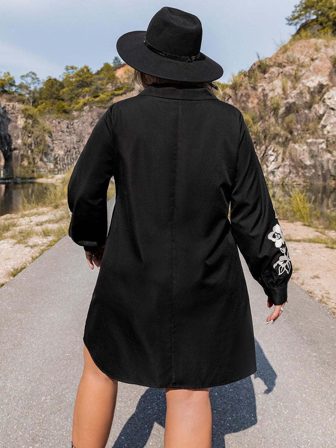 Plus Size Embroidered Long Sleeve Mini Dress - ClubOn