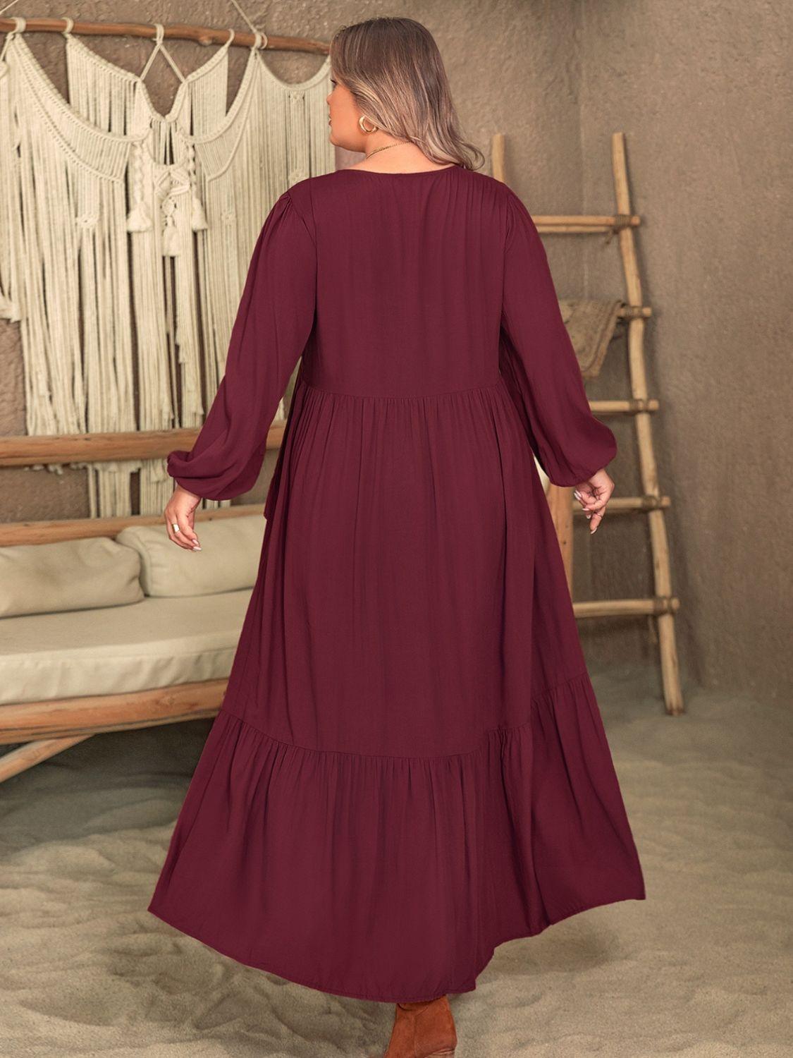 Plus Size Ruffled V-Neck Long Sleeve Dress - ClubOn