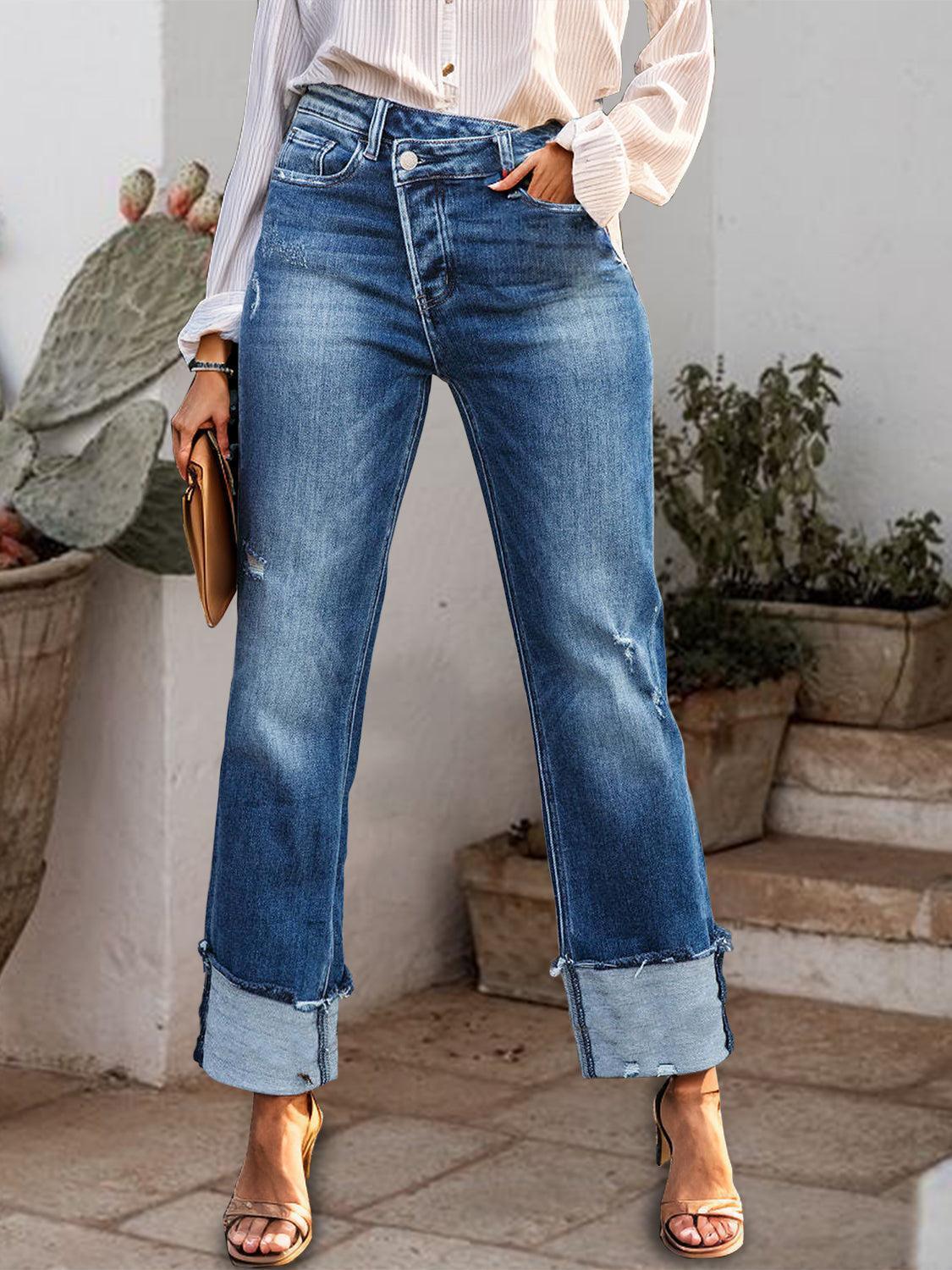 Stepped Waist Raw Hem Rolled Straight Jeans - ClubOn