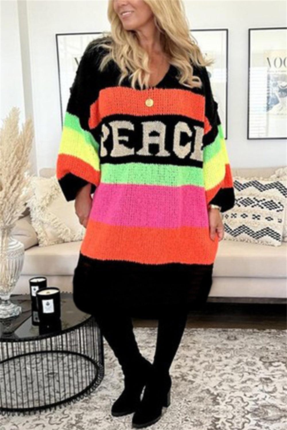 Color Block V-Neck Long Sleeve Sweater Dress - ClubOn