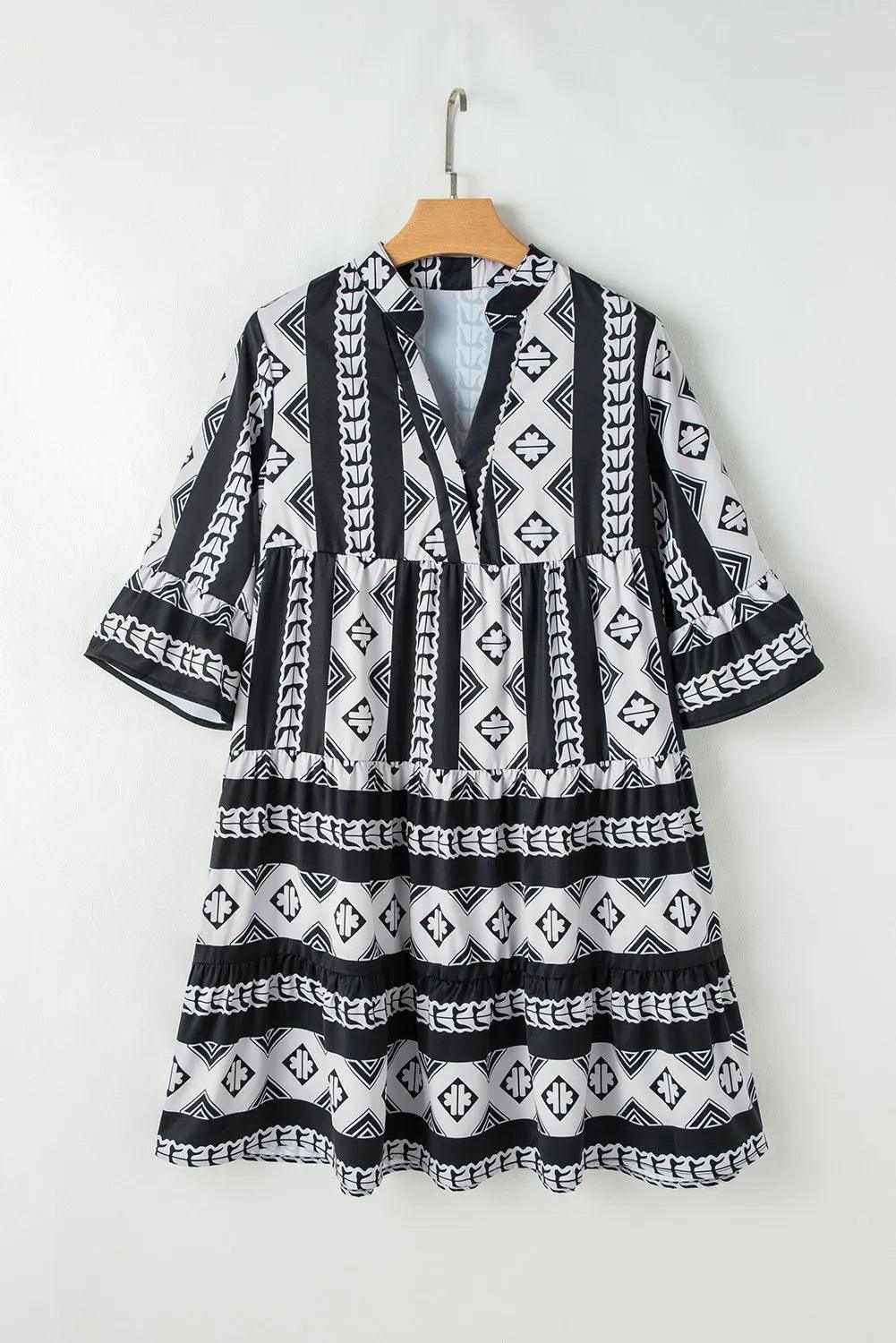 Tiered Printed Notched Half Sleeve Dress - ClubOn