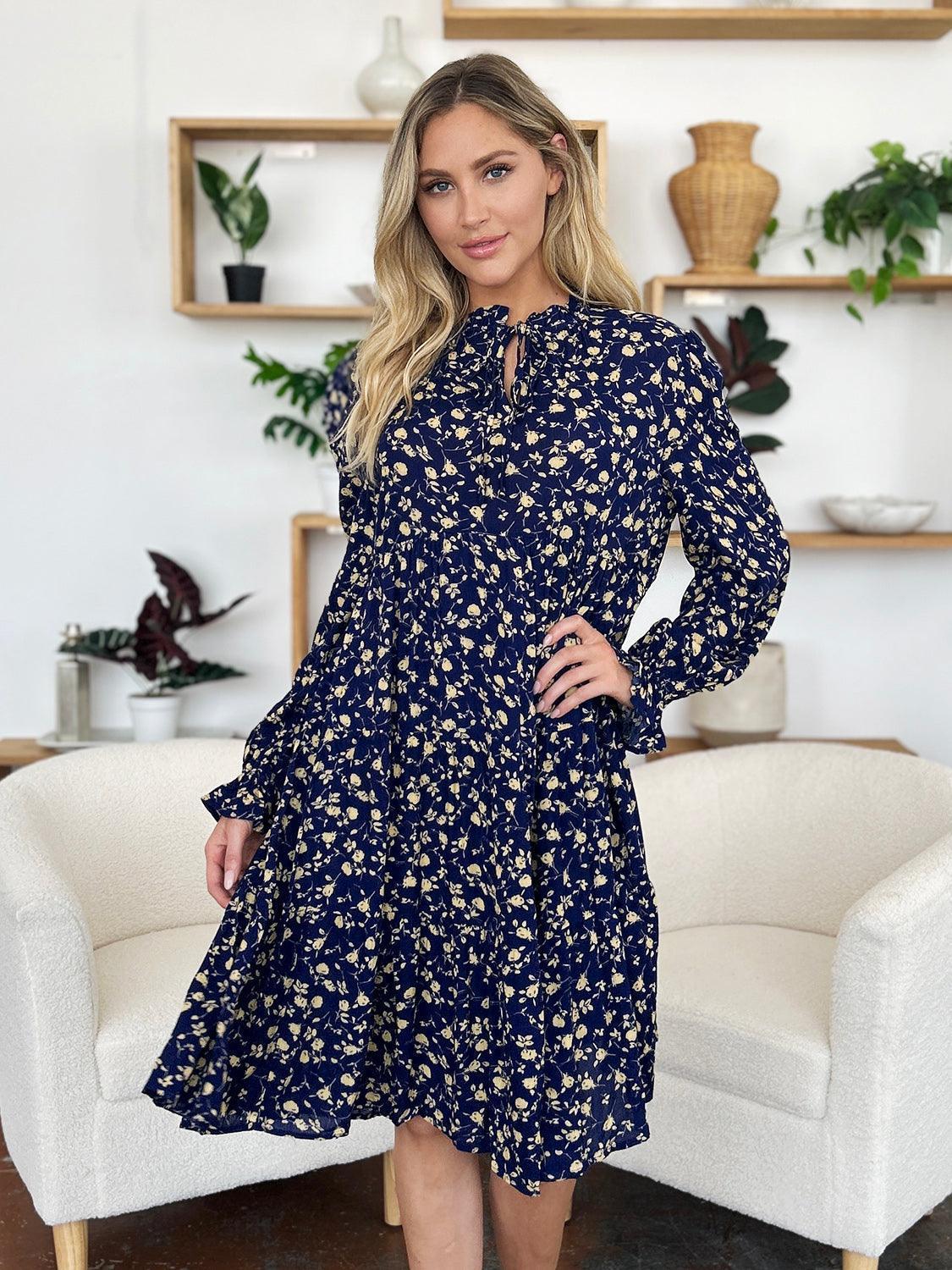 Double Take Full Size Printed Ruffle Hem Long Sleeve Tiered Dress - ClubOn