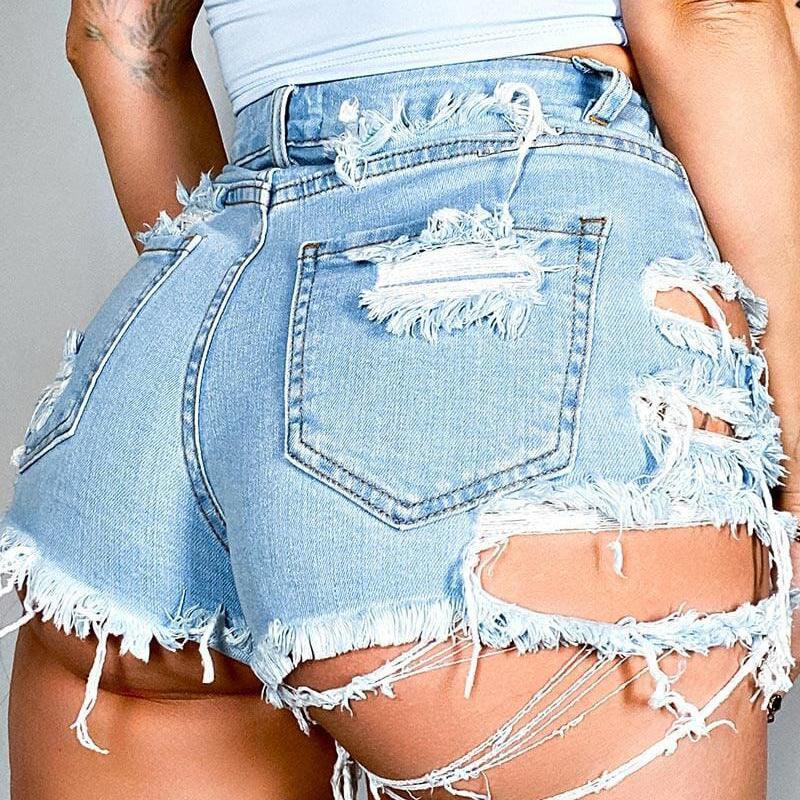 Asymmetrical Distressed Denim Shorts - ClubOn