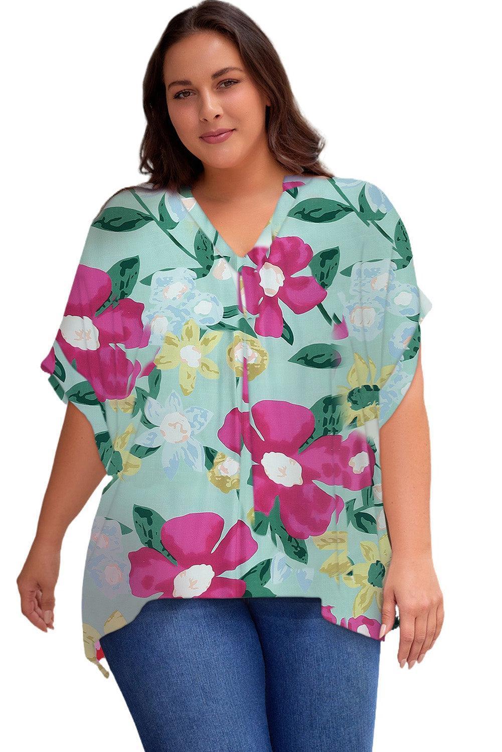 Plus Size Printed Notched Neck Half Sleeve Top - ClubOn