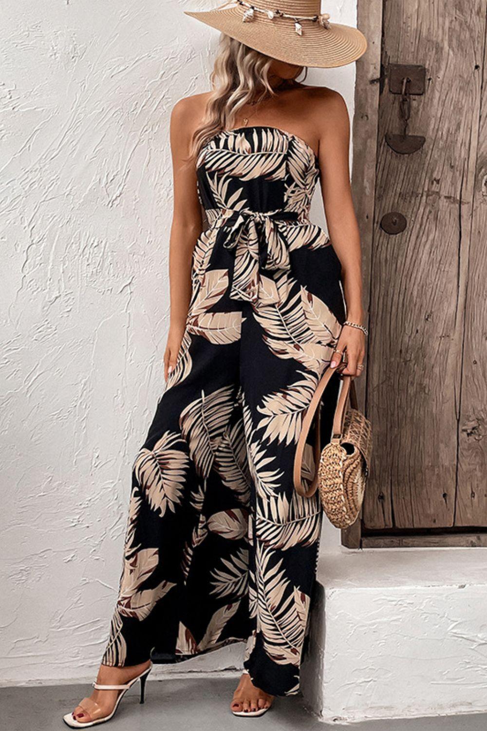 Perfee Printed Strapless Wide Leg Jumpsuit with Pockets - ClubOn