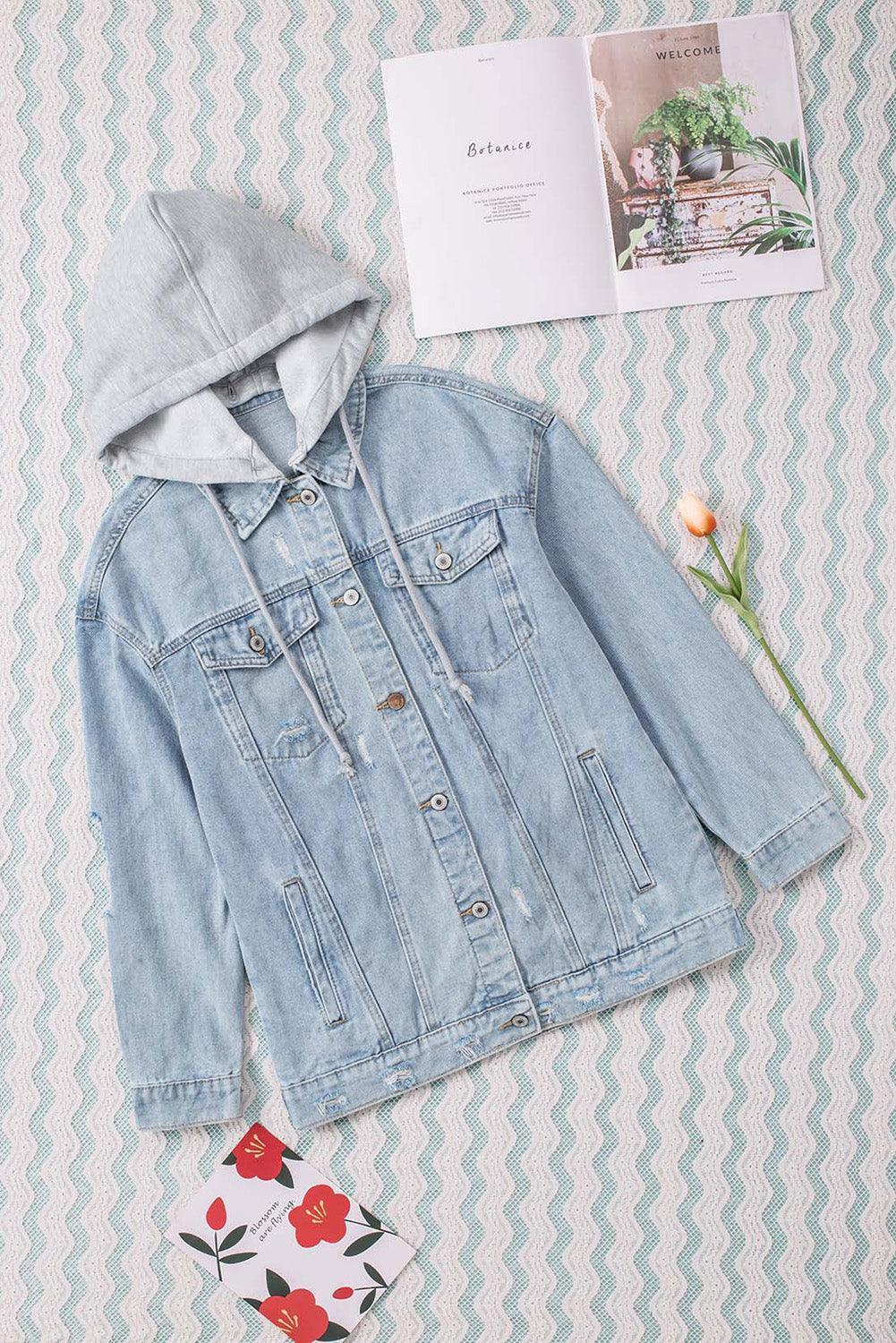 Distressed Hooded Denim Jacket - ClubOn