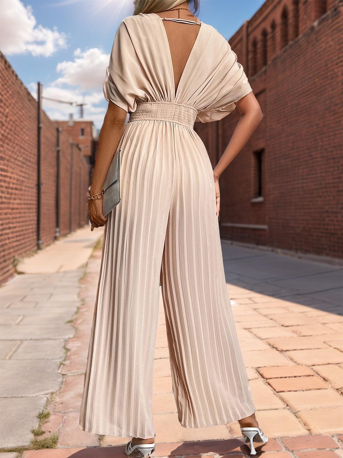Perfee Pleated Short Sleeve Wide Leg Jumpsuit - ClubOn