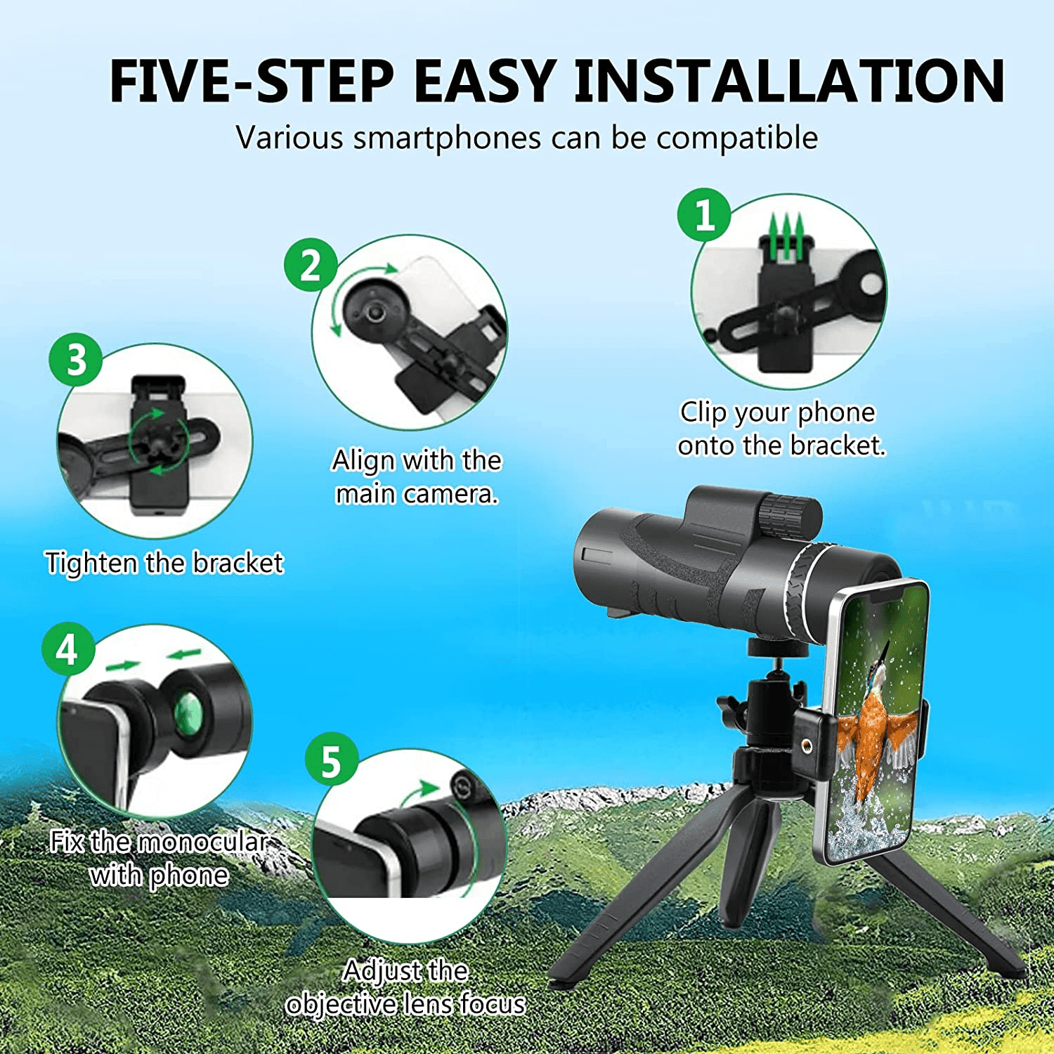 80X100 Monocular Telescope – High Power, BAK-4 Prism & FMC Lens, Low Night Vision, for Bird Watching, Wildlife, Hunting, Camping, Travel - ClubOn