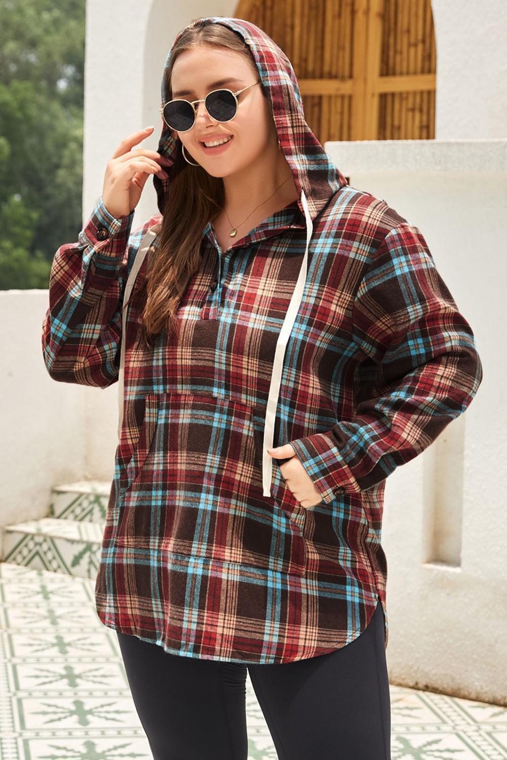 Plus Size Drawstring Plaid Quarter Button Hoodie - ClubOn