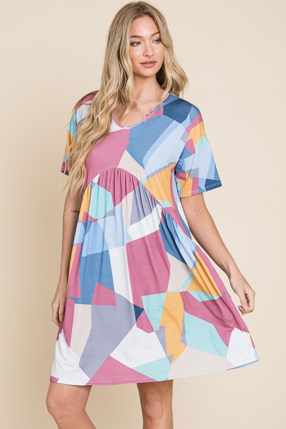 BOMBOM Ruched Color Block Short Sleeve Dress - ClubOn
