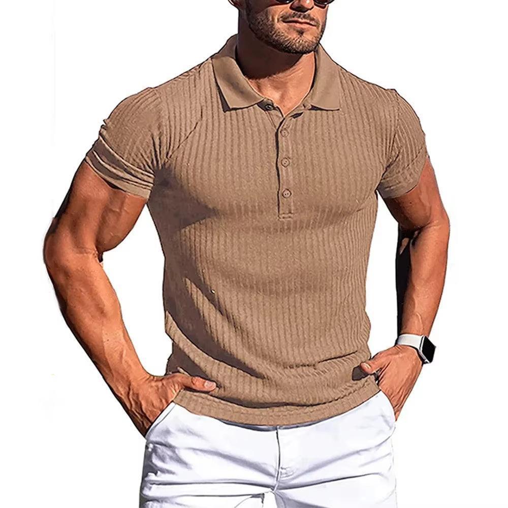 Men's Elastic Short-Sleeved Polo Shirt - Solid Color Striped Fitness Top - ClubOn