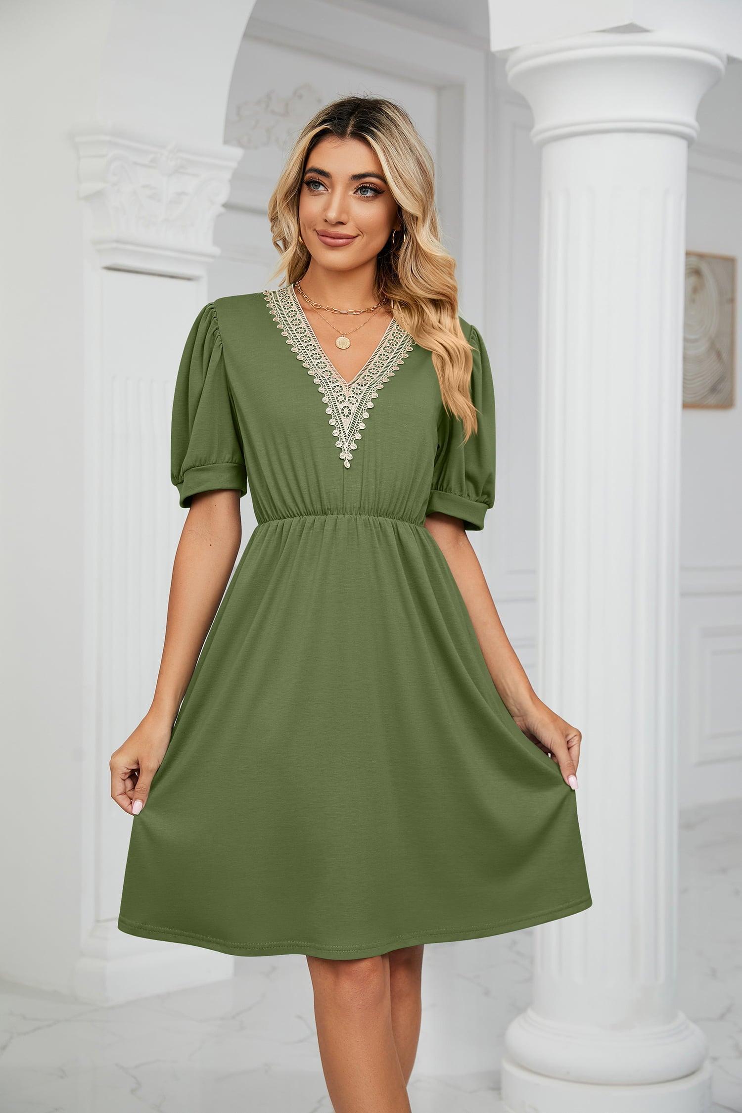 Contrast V-Neck Puff Sleeve Pocket Dress - ClubOn