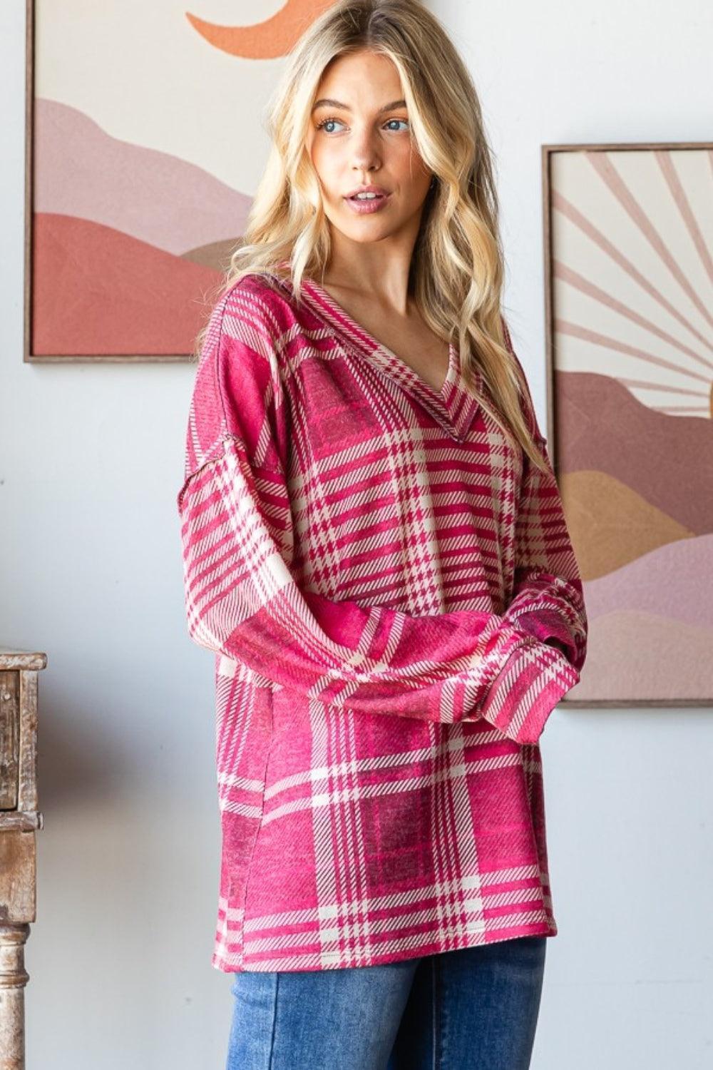 Heimish Plaid Drop Shoulder V-Neck T-Shirt - ClubOn