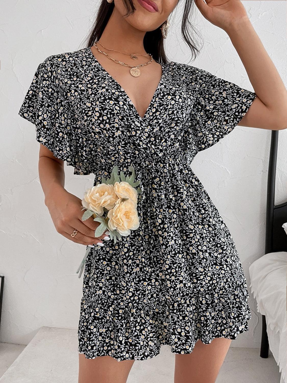 Cutout Ditsy Floral Surplice Flounce Sleeve Dress - ClubOn