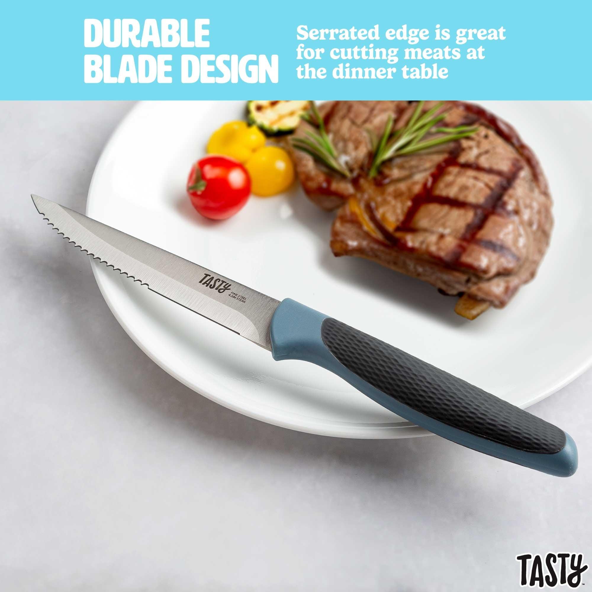 Tasty 4-Piece Stainless Steel Steak Knife Set – Serrated Edge, Blue - ClubOn
