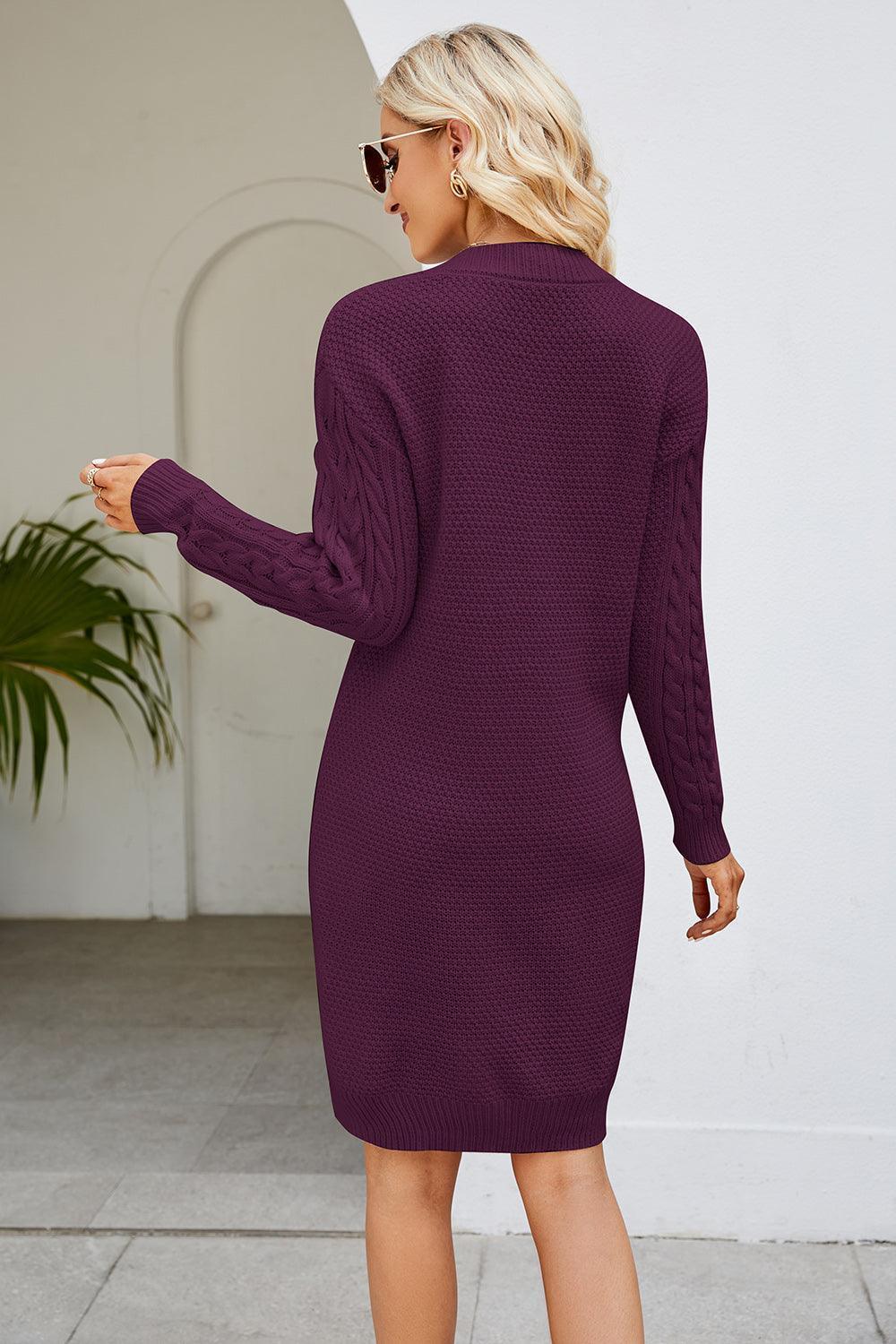 Cable-Knit Long Sleeve Sweater Dress - ClubOn