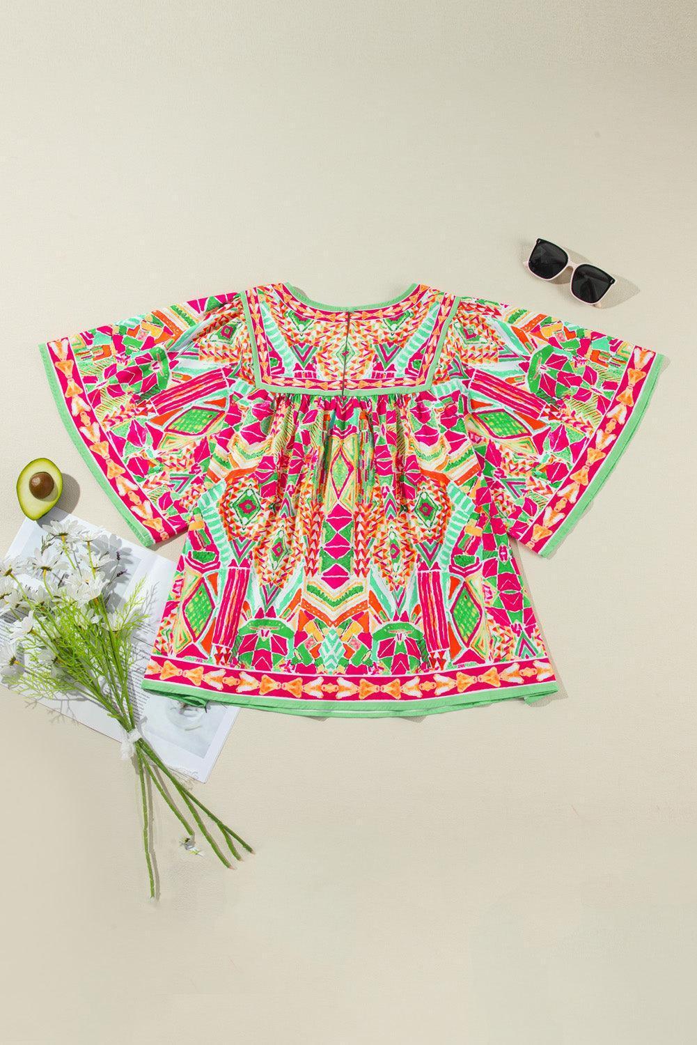 Plus Size Printed Round Neck Half Sleeve Blouse - ClubOn