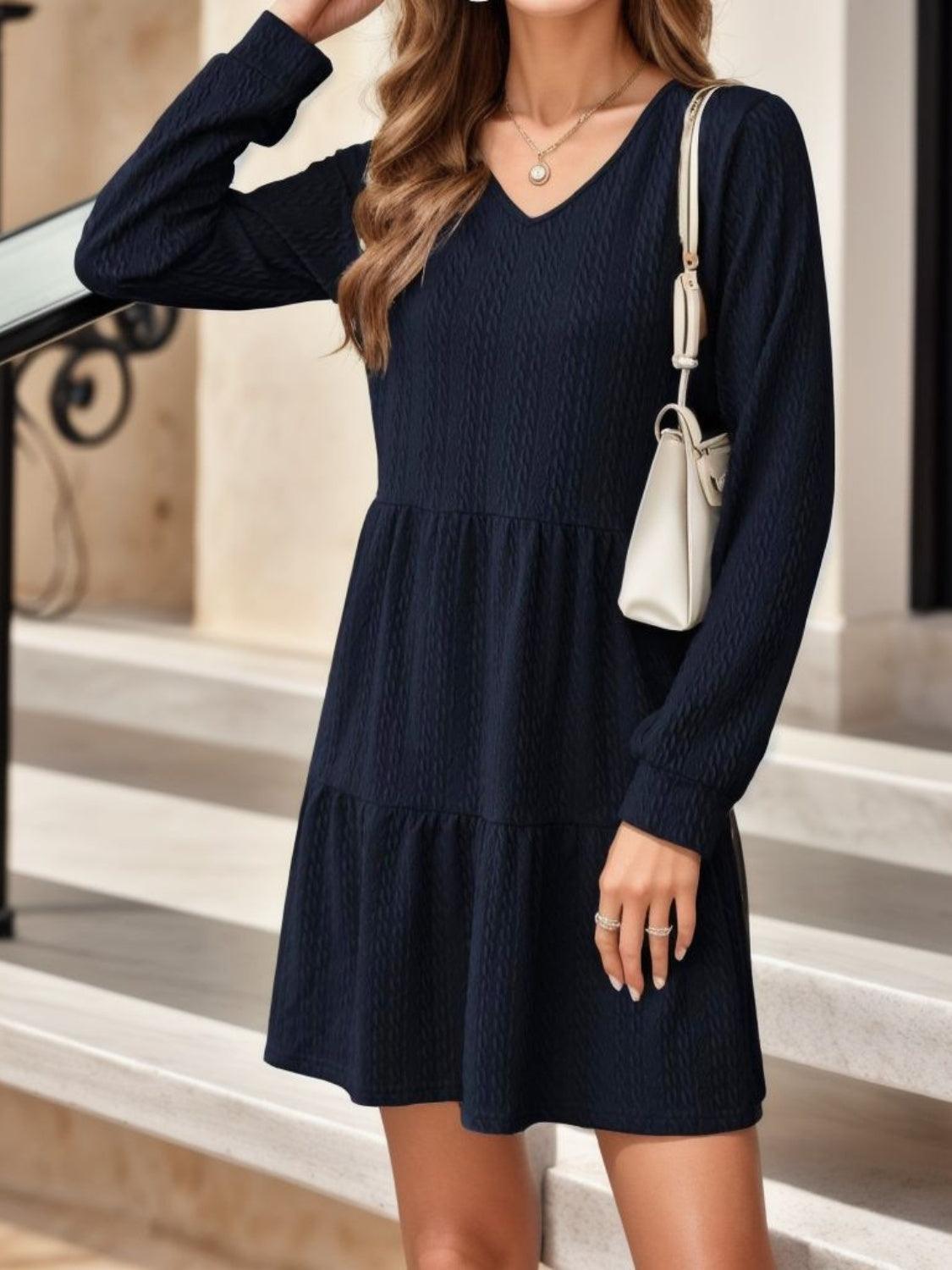 V-Neck Long Sleeve Mini Dress - ClubOn