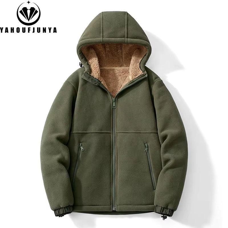 Men’s Winter Fleece Hooded Jacket – Solid Color Zipper Casual Coat - ClubOn