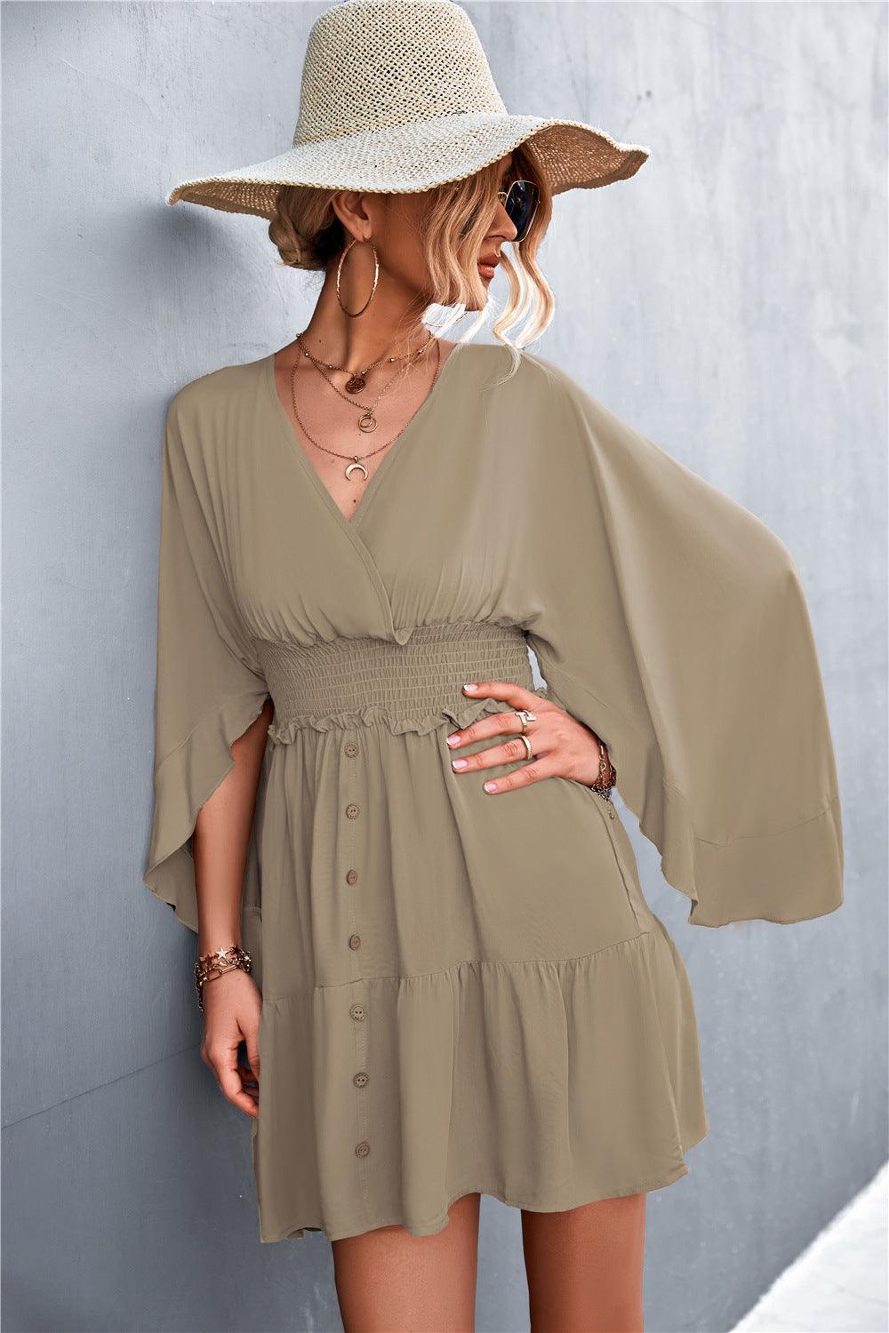 Decorative Button Smocked Waist Surplice Dress - ClubOn