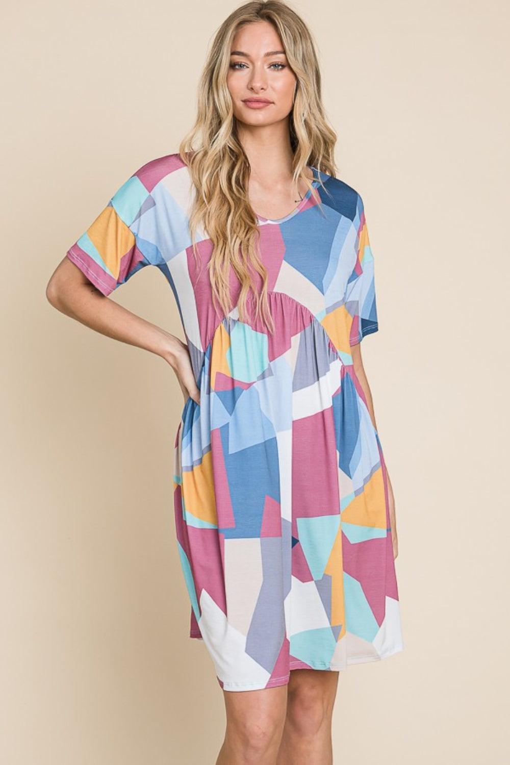 BOMBOM Ruched Color Block Short Sleeve Dress - ClubOn