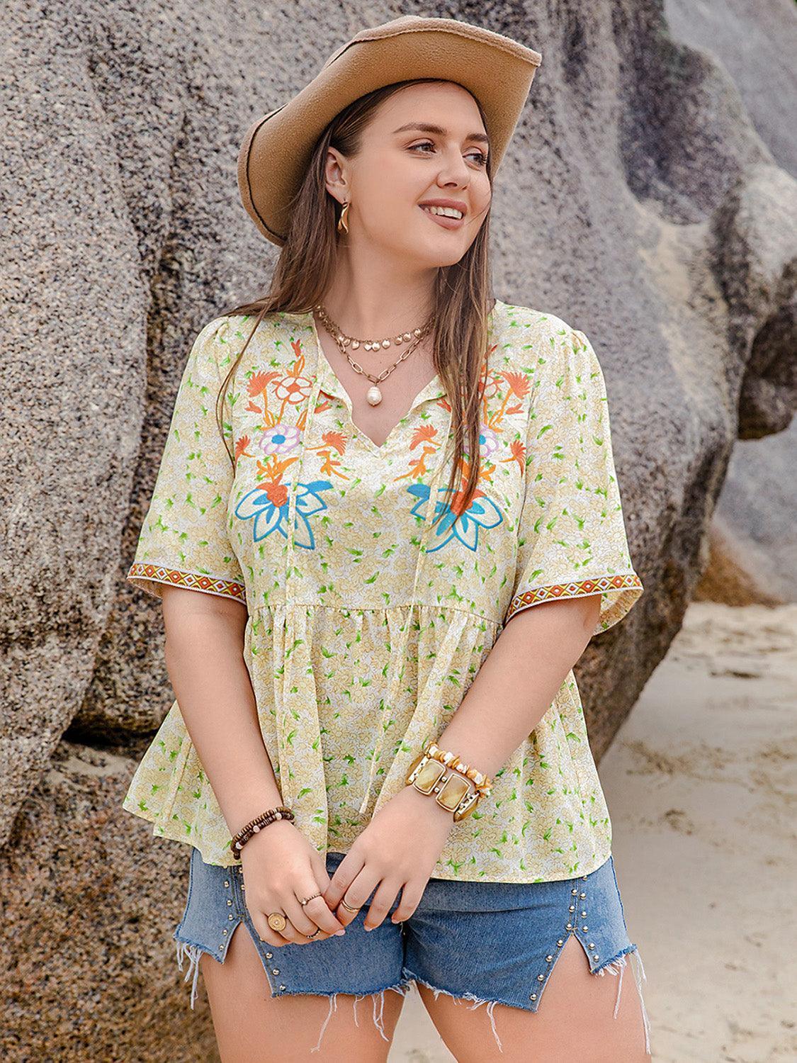 Plus Size Printed Tie Neck Half Sleeve Blouse - ClubOn