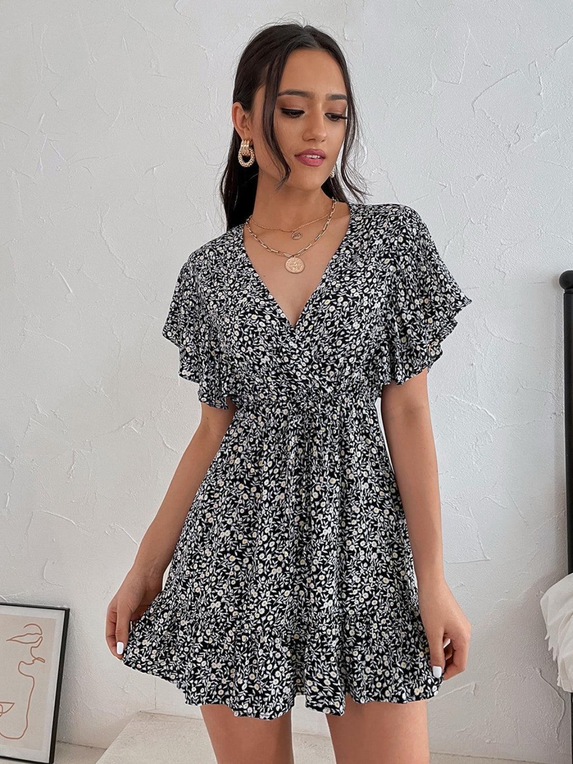 Cutout Ditsy Floral Surplice Flounce Sleeve Dress - ClubOn