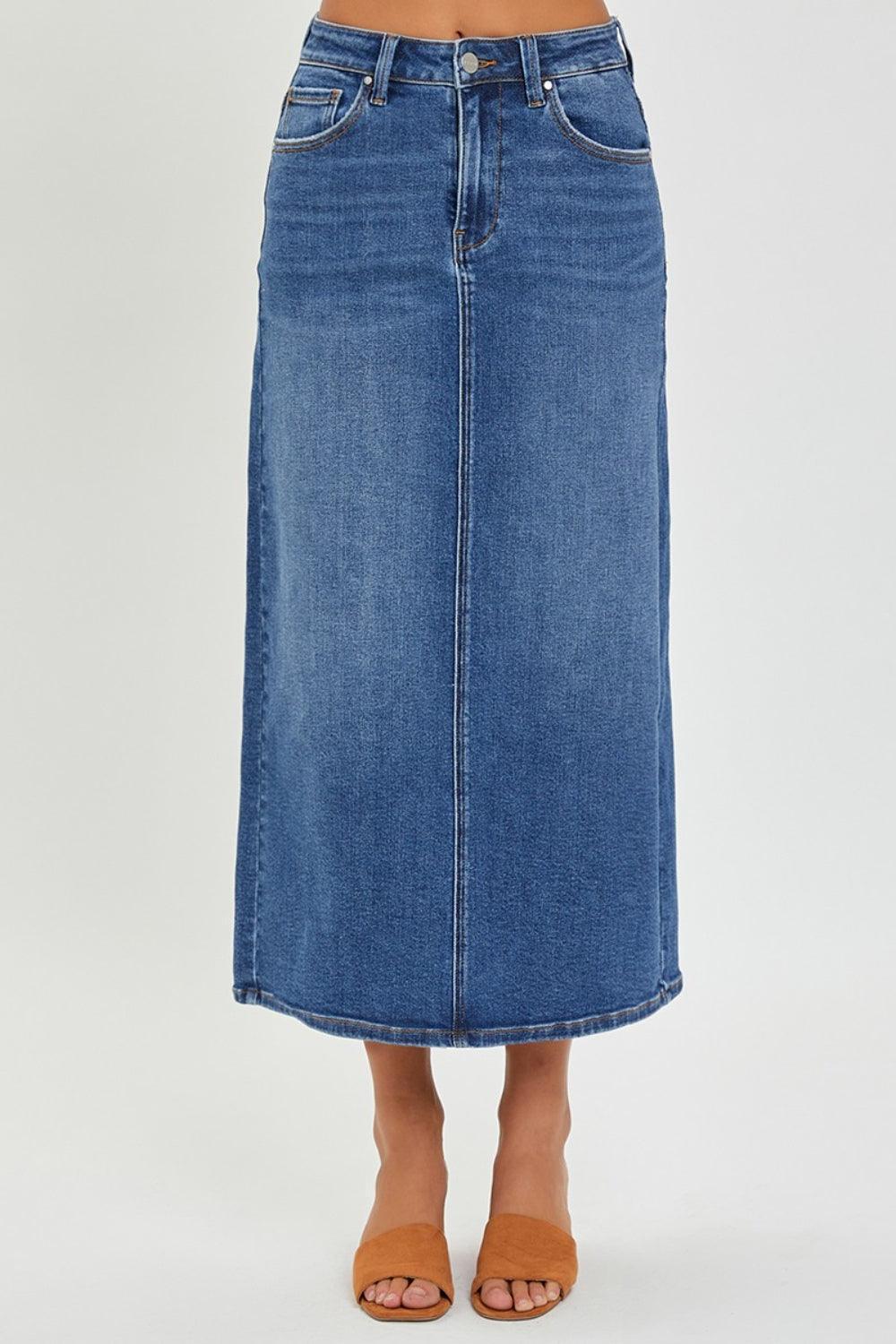 RISEN High Rise Back Slit Denim Skirt - ClubOn