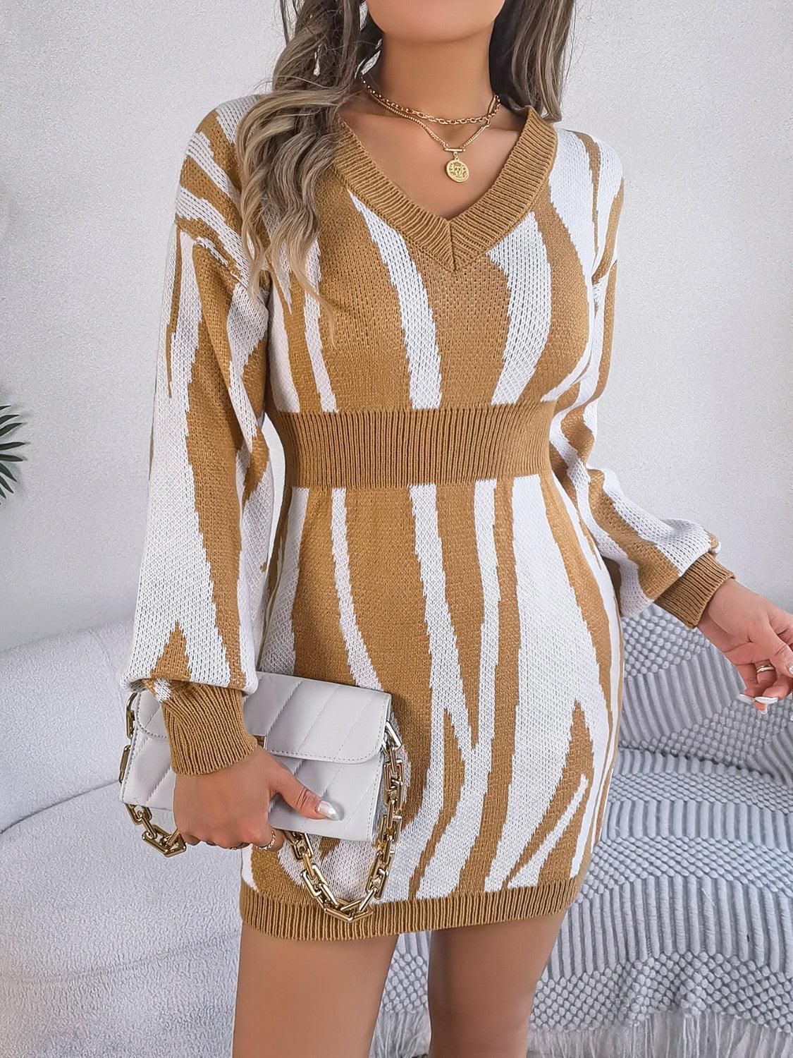 Animal Print V-Neck Long Sleeve Sweater Dress - ClubOn