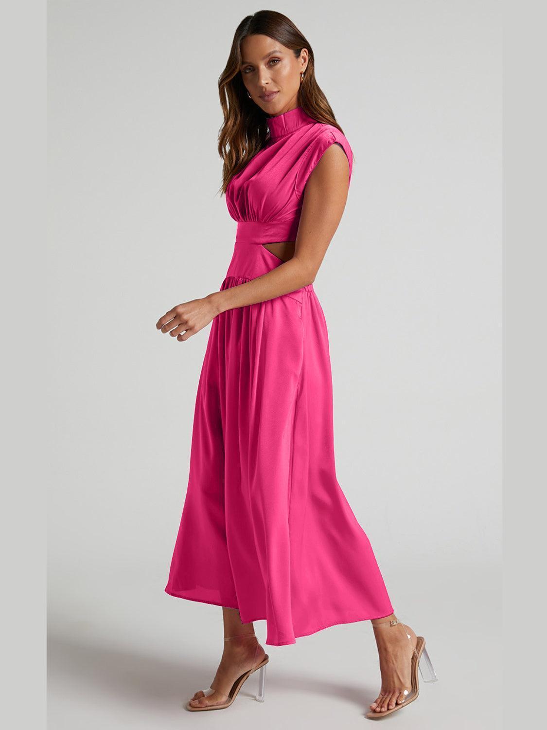 Cutout Mock Neck Sleeveless Ruched Dress - ClubOn