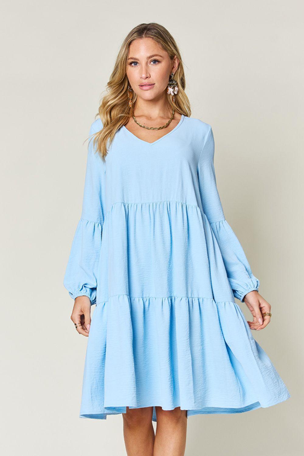 Double Take Full Size V-Neck Balloon Sleeve Tiered Dress with Pockets - ClubOn