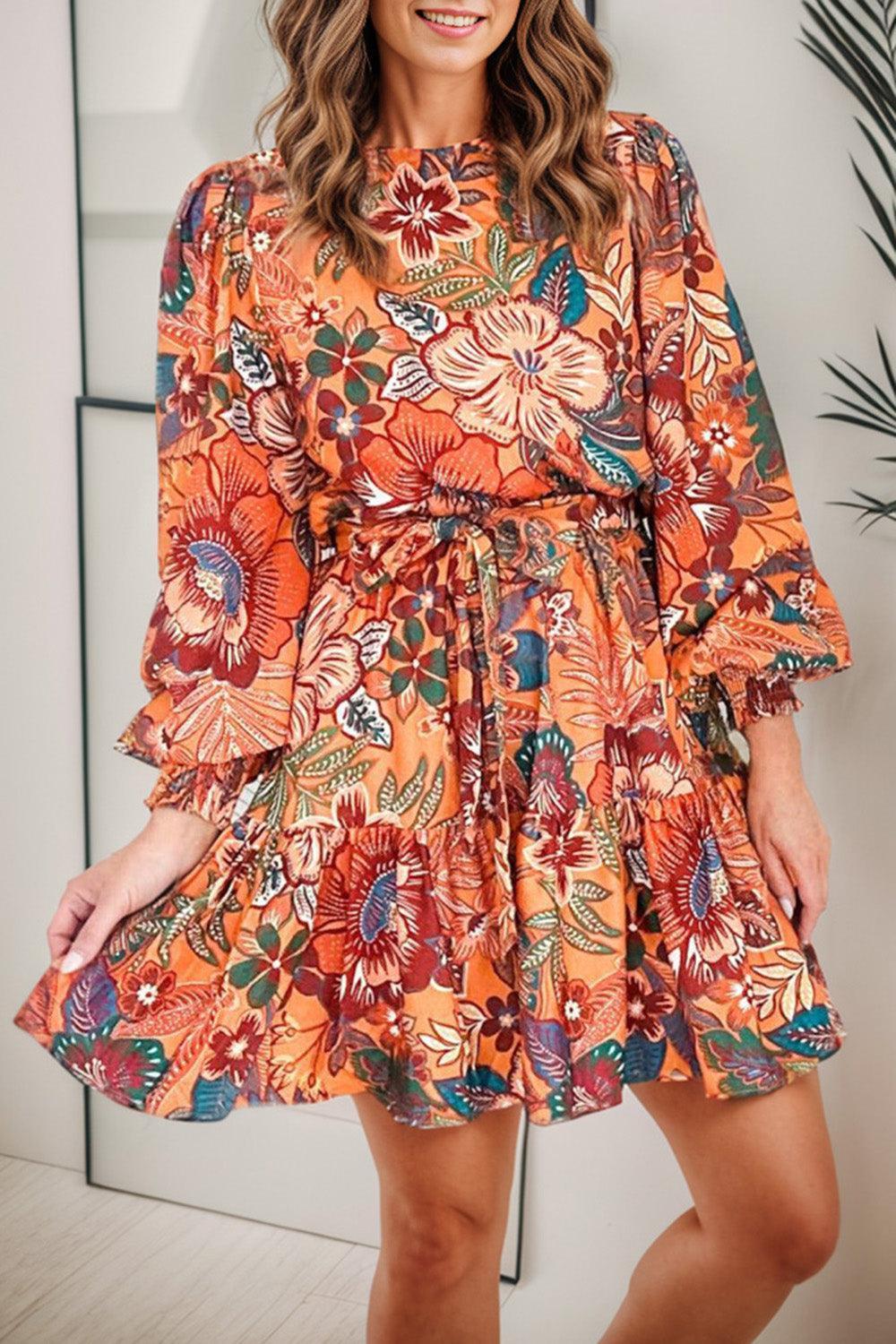 Tropical Print Tie Waist Lantern Sleeve Mini Dress - ClubOn