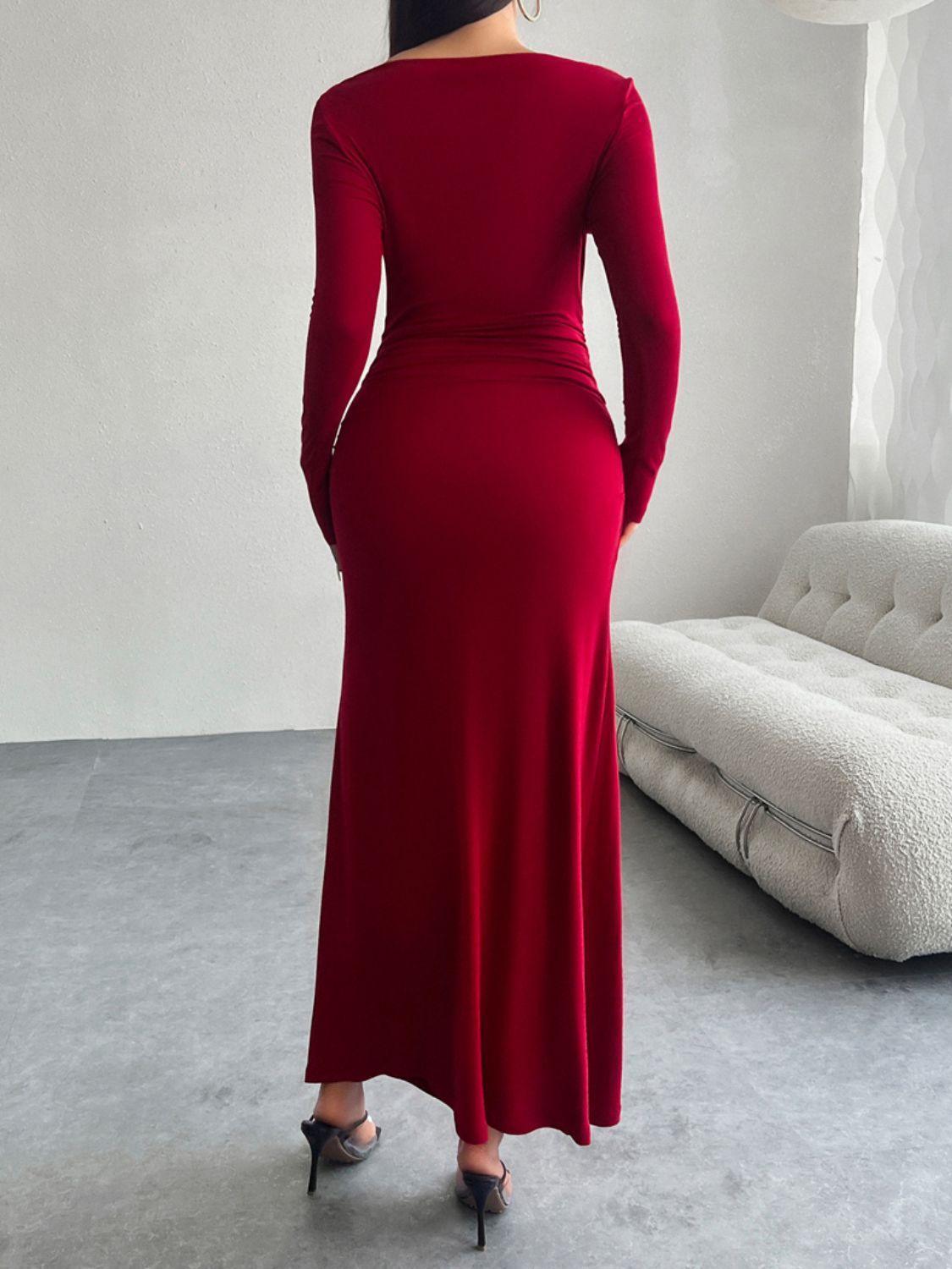 Devine Ruched Long Sleeve Maxi Dress - ClubOn