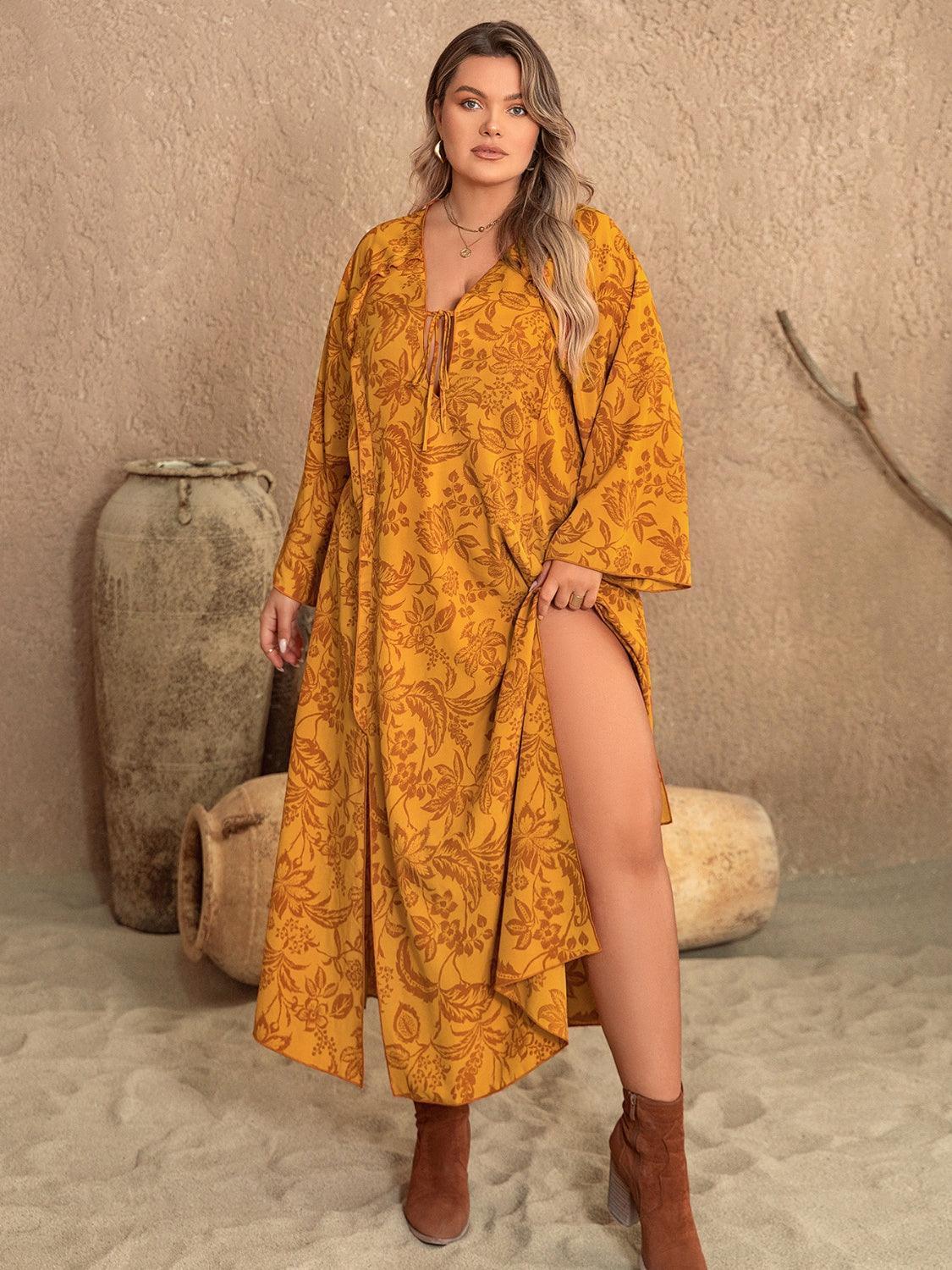Plus Size Printed Slit Long Sleeve Dress - ClubOn