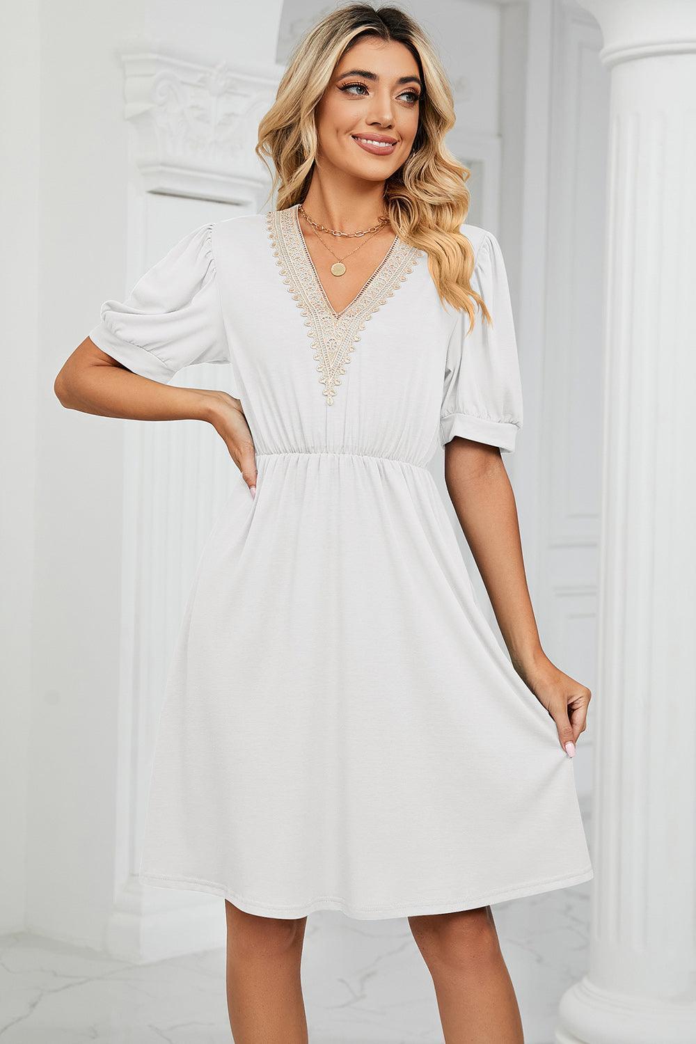 V-Neck Puff Sleeve Dress - ClubOn