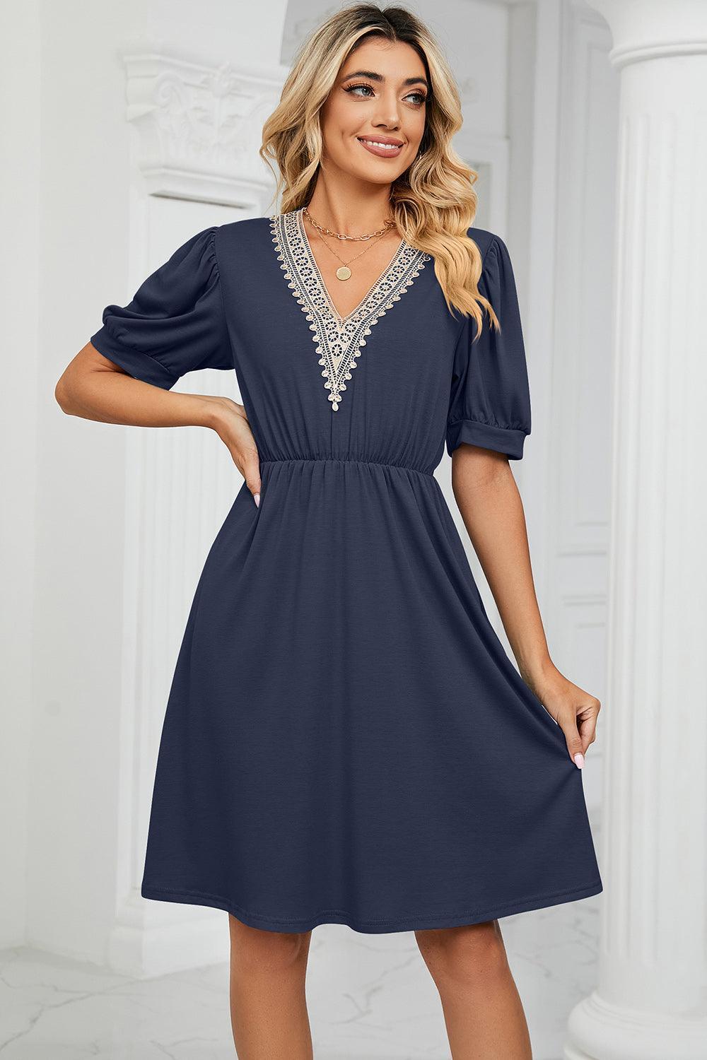 V-Neck Puff Sleeve Dress - ClubOn