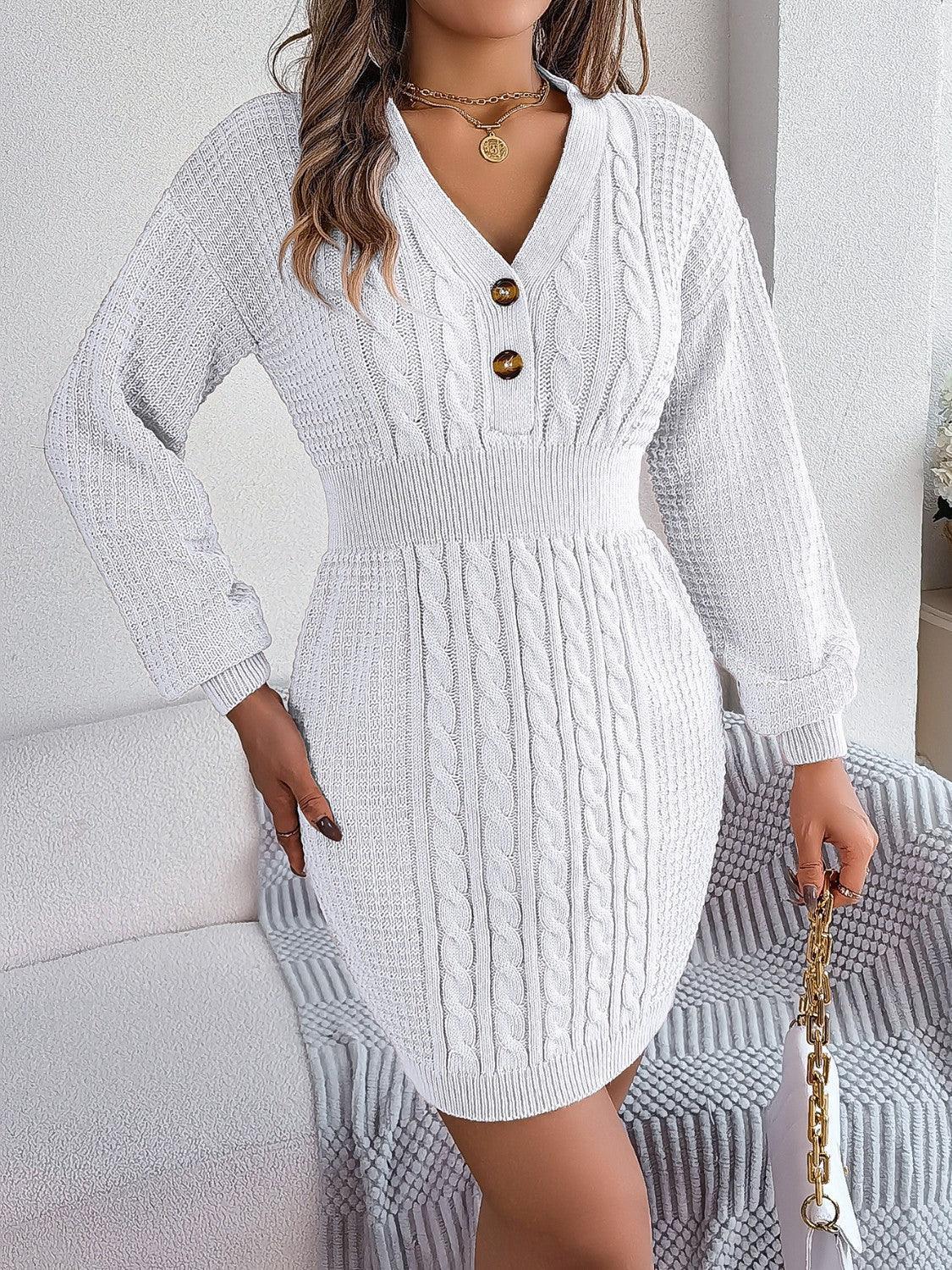Buttoned Cable-Knit V-Neck Sweater Dress - ClubOn