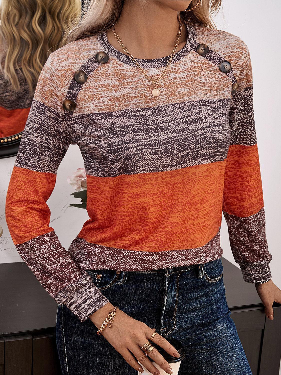 Decorative Button Contrast Round Neck Long Sleeve T-Shirt - ClubOn