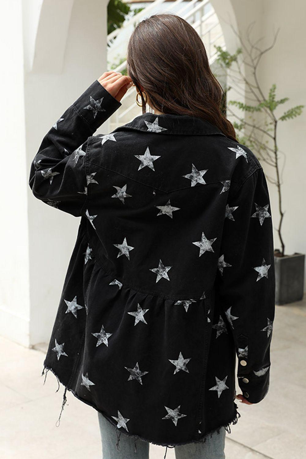 Collared Neck Star Print Long Sleeve Denim Jacket - ClubOn