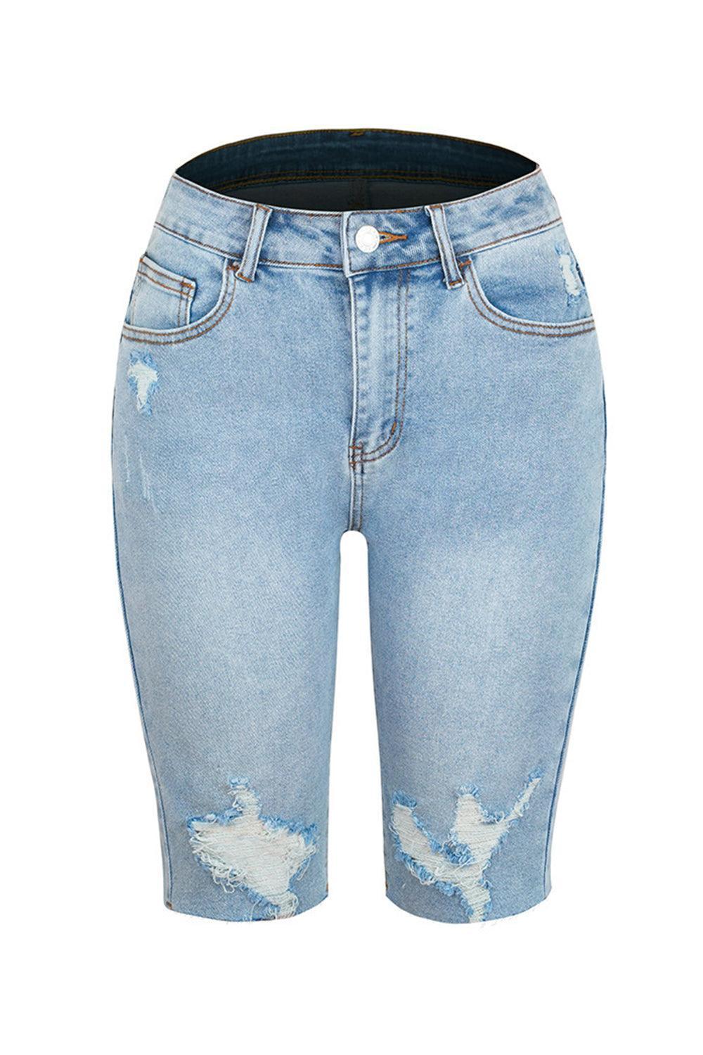Distressed Pocketed Denim Shorts - ClubOn